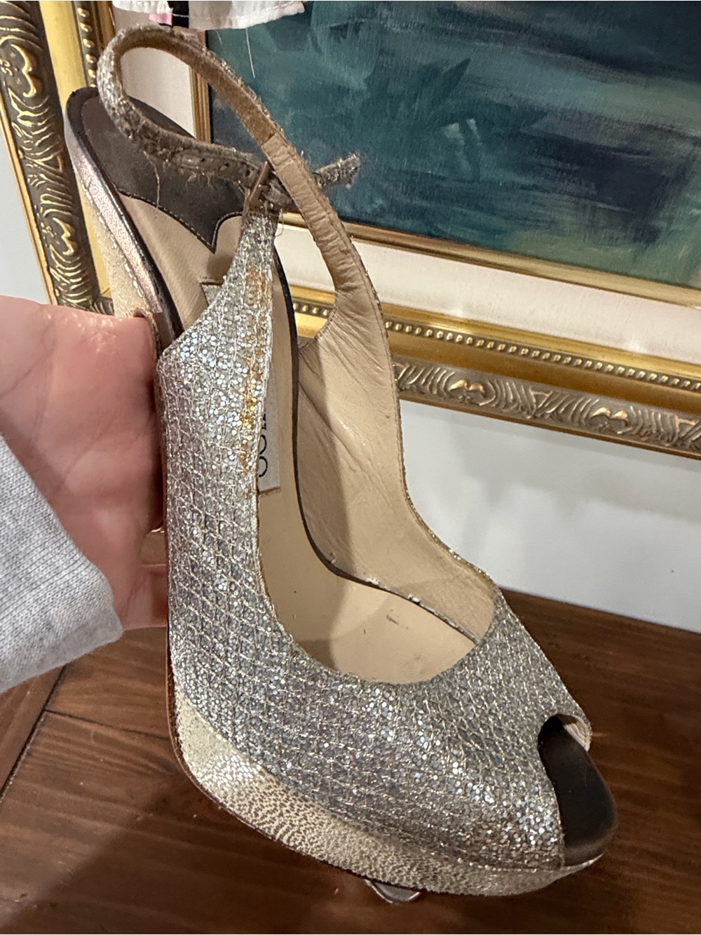Jimmy Choo Clue Champagne Glitter Platform Heels Slingback EU 38 US 8 Authentic - Picture 4 of 12